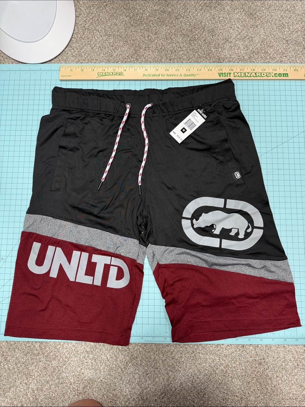 Ecko Unlimited Men’s Black, Gray & Burgundy Colorblock Athletic Shorts
